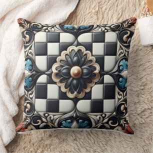 Black and White Chequered Floral Medallion Throw P Cushion