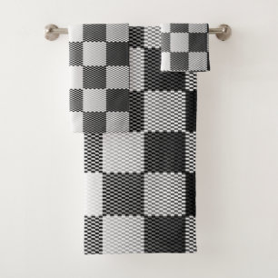 Black and White Chequered Geometric Bath Towel Set