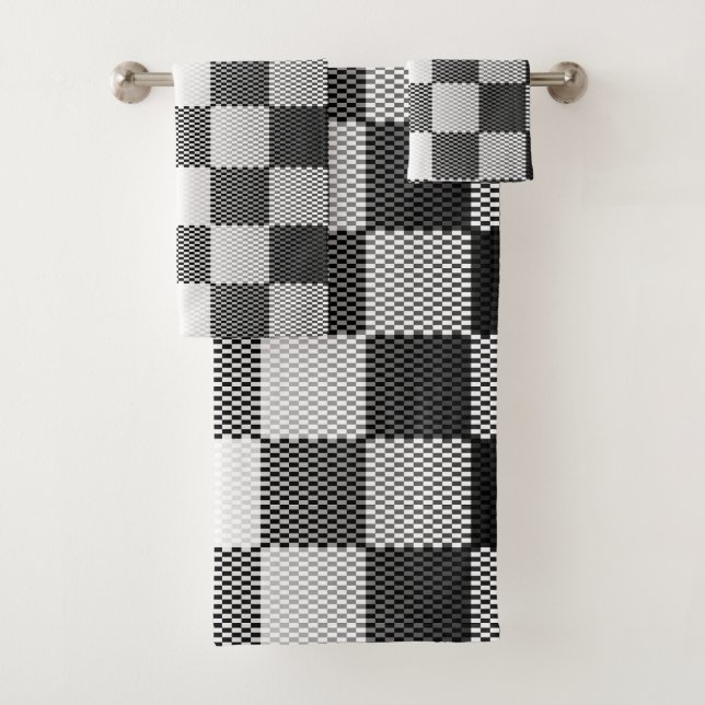 Black and White Chequered Geometric Bath Towel Set (Insitu)