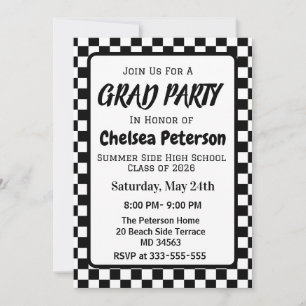 Black and White Chequered Graduation Party Invite