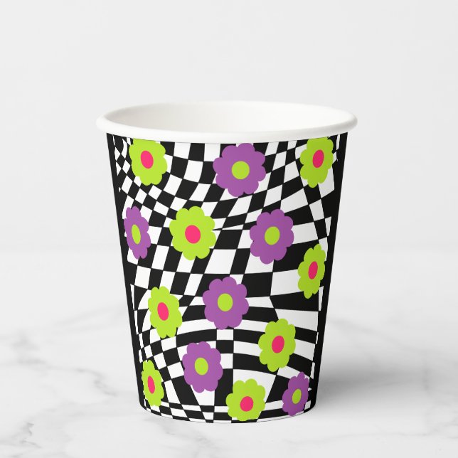Black and White Chequered Party Cups With Flowers (Front)