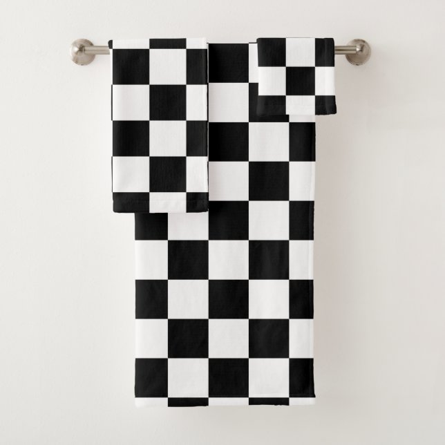 Black and White Chequered Pattern Bath Towel Set (Insitu)