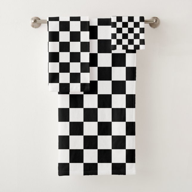 Black and White Chequered Pattern Bath Towel Set (Insitu)
