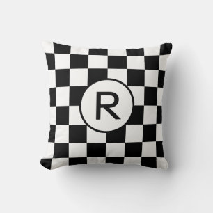 Black and White Chequered Pattern, Custom Monogram Cushion