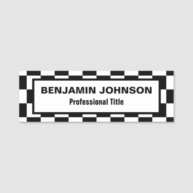 Black and White Chequered Pattern Frame Name Tag (Front)