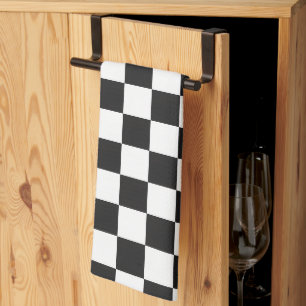 Black and White Chequered Pattern Monochrome Edge Tea Towel