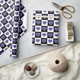Black and white chequered pattern, purple hearts wrapping paper