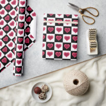 Black and white chequered pattern, red hearts