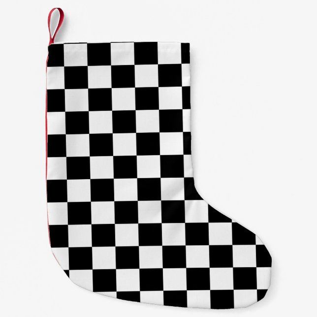 Black and white chequered pattern small christmas stocking (Front)