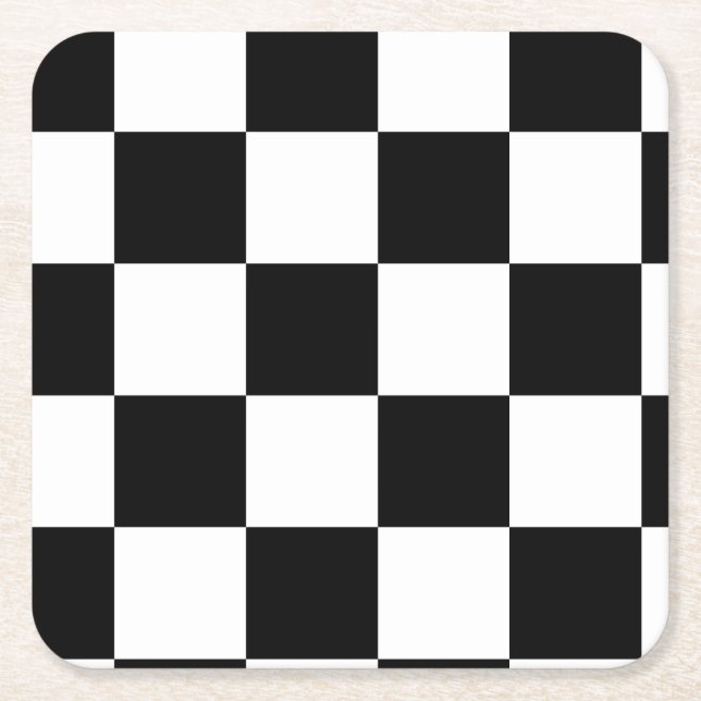 Black and White Chequered Pattern Square Paper Coaster (Front)