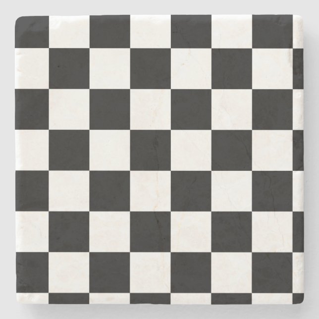 Black and White Chequered Pattern Stone Coaster (Front)