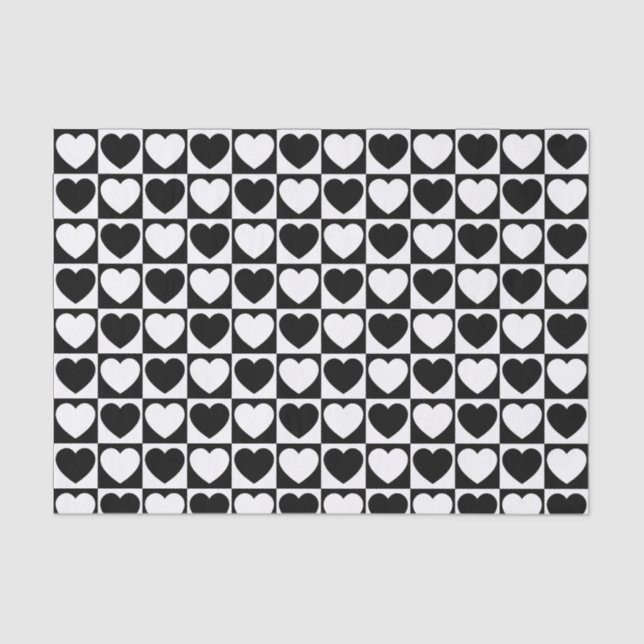 Black and White Chequered Pattern With Hearts Tissue Paper (Front)