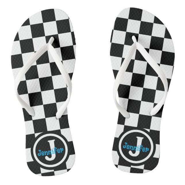 Black and White Chequered Personalised Flip Flops (Footbed)