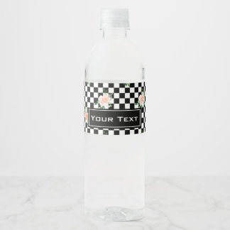 Black and White Chequered & Pink Rose Print Water Bottle Label