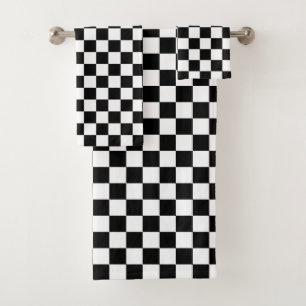 Black and White Chequered Print Bath Towel Set