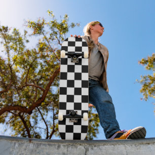 Black and White Chequered Print Skateboard