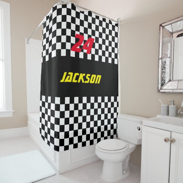 Black and White Chequered Race Fans Shower Curtain (In Situ)
