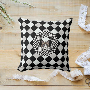 Black And White Chequered Retro Modern Pattern Cat Cushion