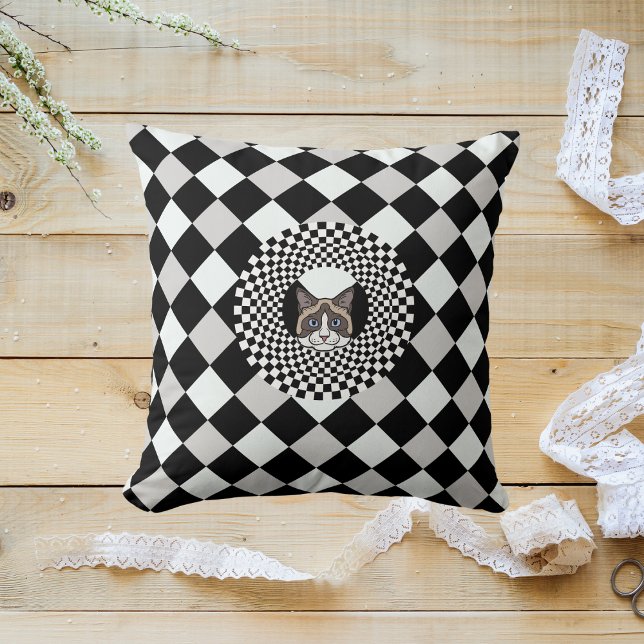 Black And White Chequered Retro Modern Pattern Cat Cushion (Creator Uploaded)