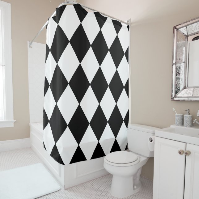 Black and White Chequered Shower Curtain (In Situ)