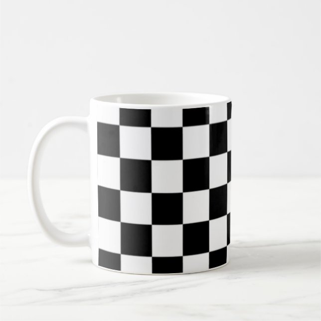 Black and White Chequered Square Pattern  Coffee Mug (Left)