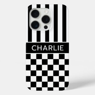 Black and White Chequered Striped Personalised iPhone 15 Pro Case