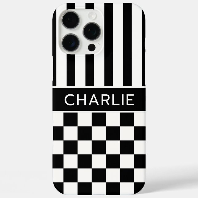 Black and White Chequered Striped Personalised Case-Mate iPhone Case (Back)