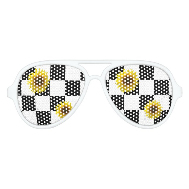 Black and White Chequered & Sunflower Print Aviator Sunglasses (Front)