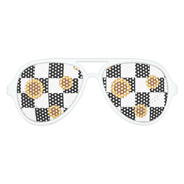 Black and White Chequered & Sunflower Print Aviator Sunglasses (Front)