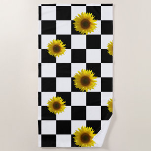 Black and White Chequered & Sunflower Print Beach Towel