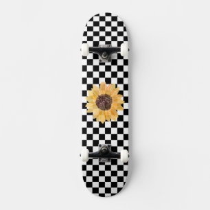 Black and White Chequered & Sunflower Print Skateboard