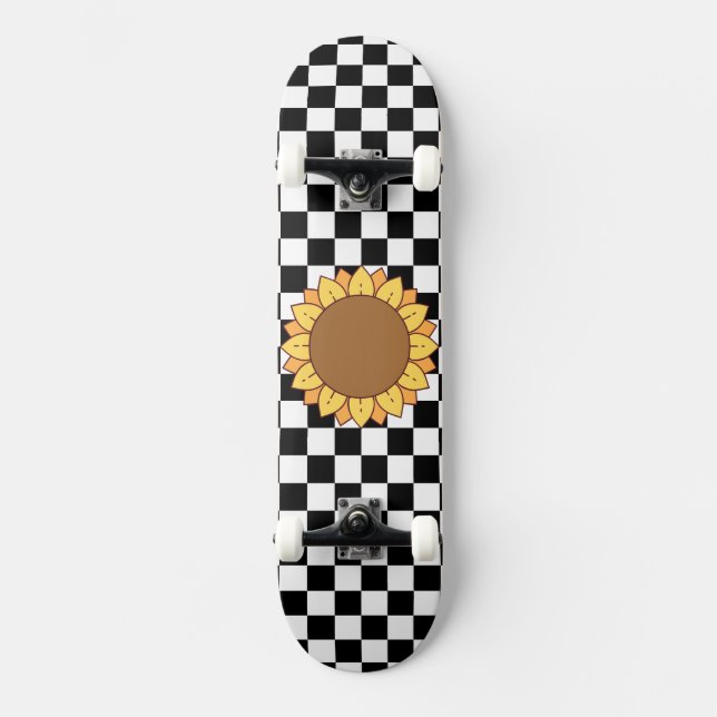 Black and White Chequered & Sunflower Print Skateboard (Front)