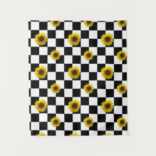 Black and White Chequered & Sunflower Print Tapestry