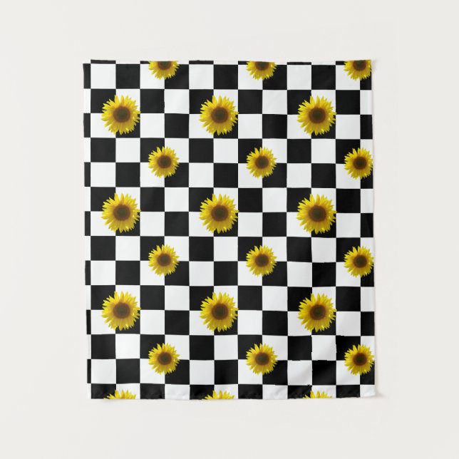 Black and White Chequered & Sunflower Print Tapestry (Front)