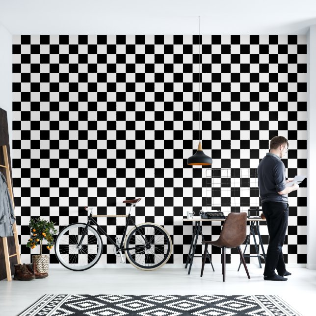 Black and White Chequered Wallpaper (Living Room)