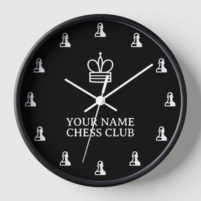 Black and white chess club wall clock with pawns (Front)