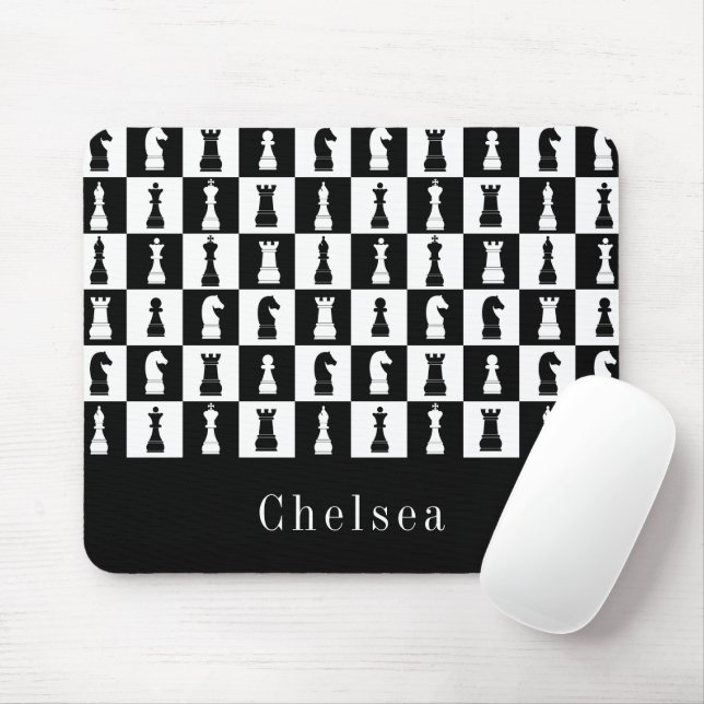 Black And White Chess Figures Pattern Mouse Mat (With Mouse)