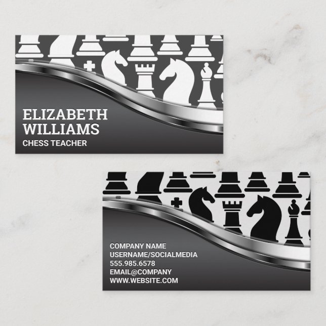 Black and White Chess Pieces | Metal Shine Business Card (Front/Back)