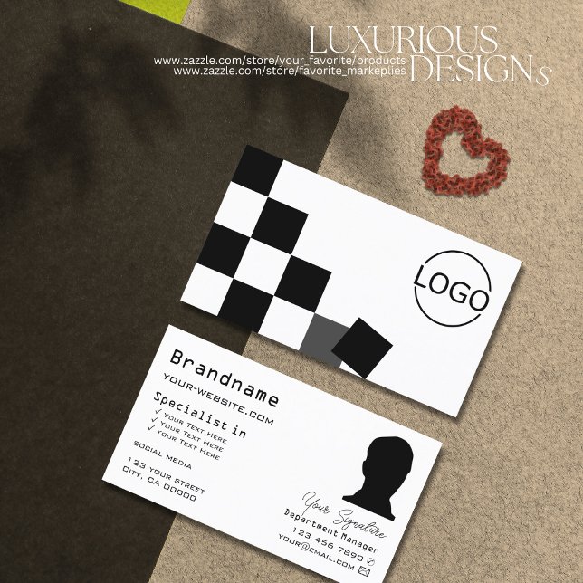 Black and White Chessboard with Logo & Photo Chic Business Card (Creator Uploaded)