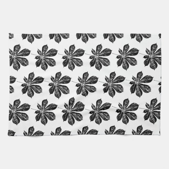 Black and White Chestnut Leaf Print Tea Towel (Horizontal)