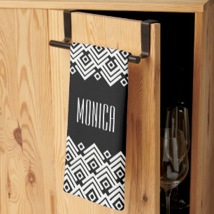Black and white chevron damask custom name tea towel