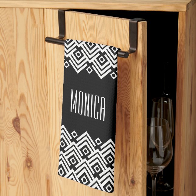 Black and white chevron damask custom name tea towel (Thirds Fold)