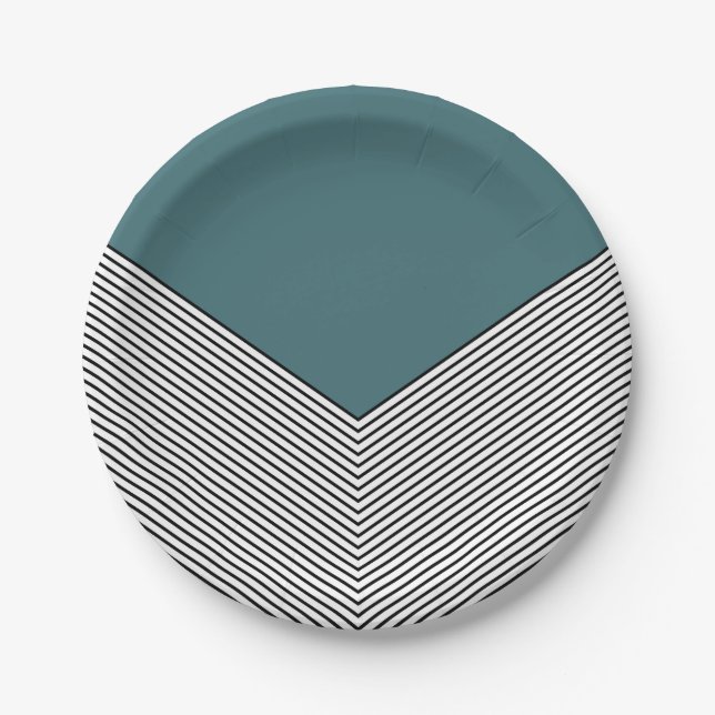 Black and white chevron design and blue triangle paper plate (Front)
