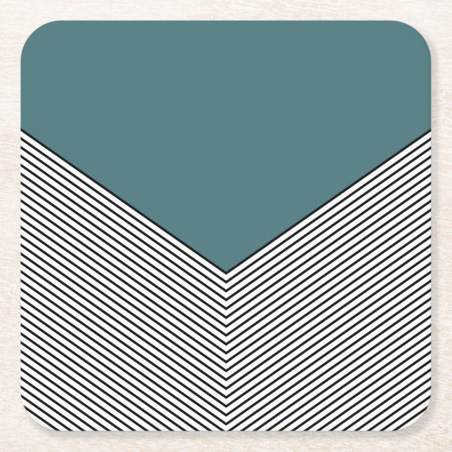 Black and white chevron design and blue triangle square paper coaster (Front)