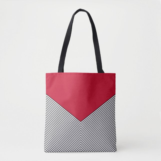 Black and white chevron design and red triangle tote bag (Front)
