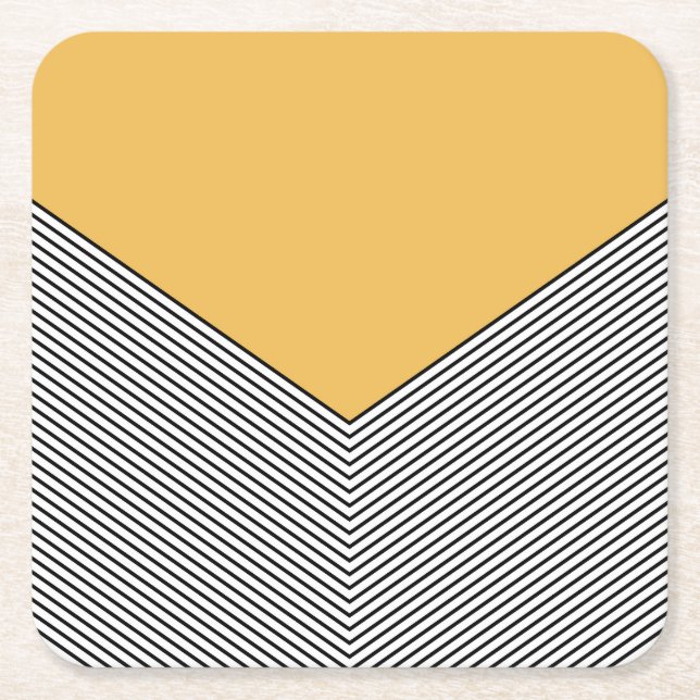 Black and white chevron design and yellow triangle square paper coaster (Front)