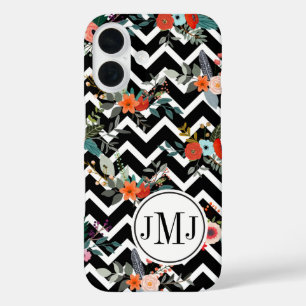 Black and White Chevron Floral Monogram iPhone 16 Case
