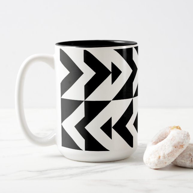 Black and White Chevron Geometric Pattern Two-Tone Coffee Mug (With Donut)