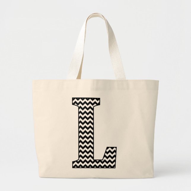 Black and White Chevron "L" Monogram Tote Bag. (Front)