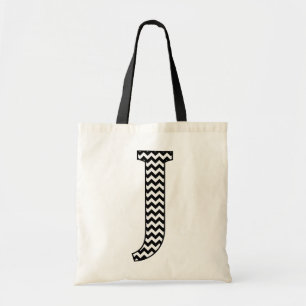 Black and White Chevron Letter J Monogram Tote Bag